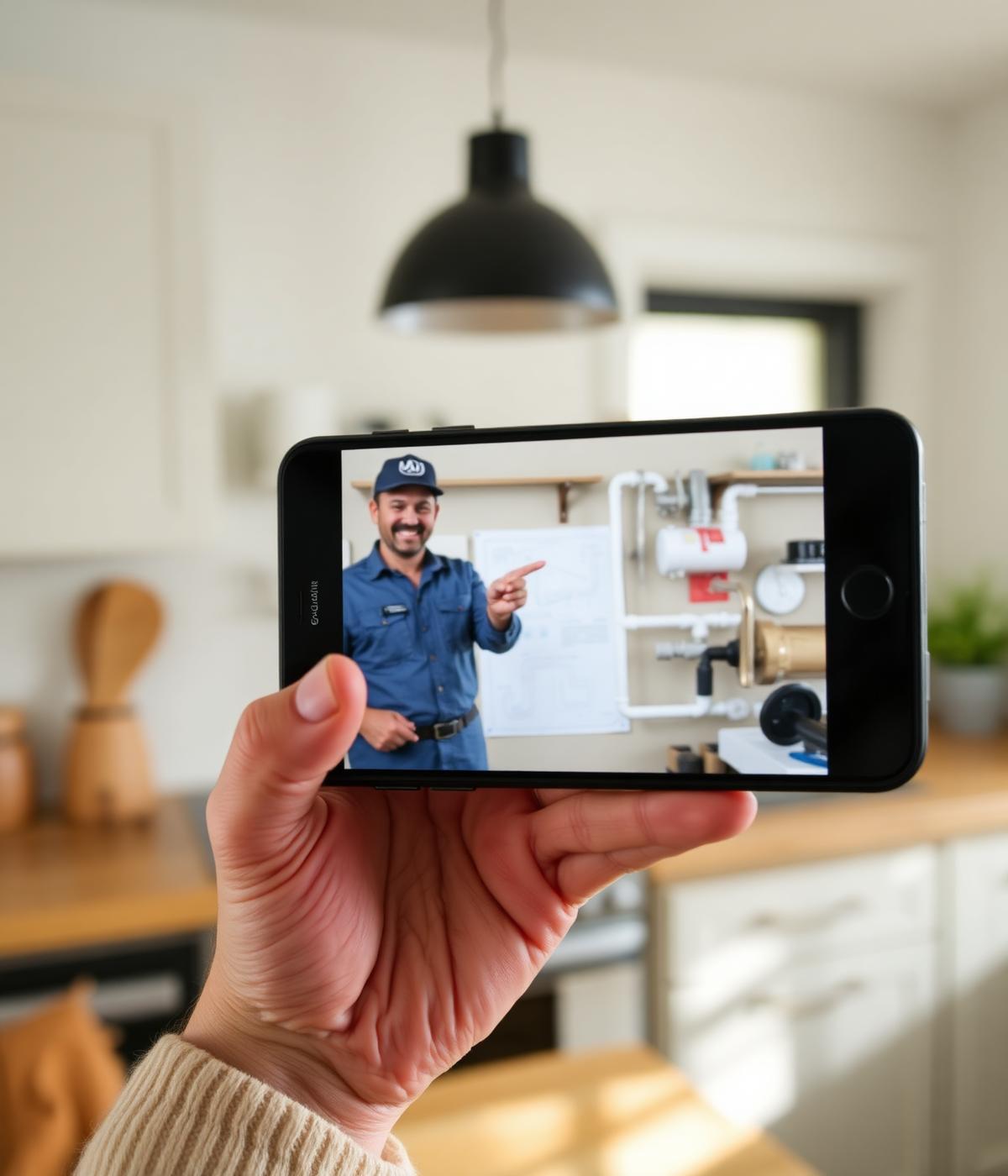 Homeowner on a live video call with a professional plumber